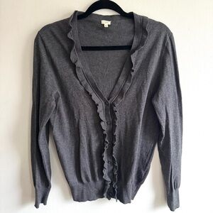 J Crew Cardigan Medium Gray Ruffle Trim Button Front Cotton Sweater